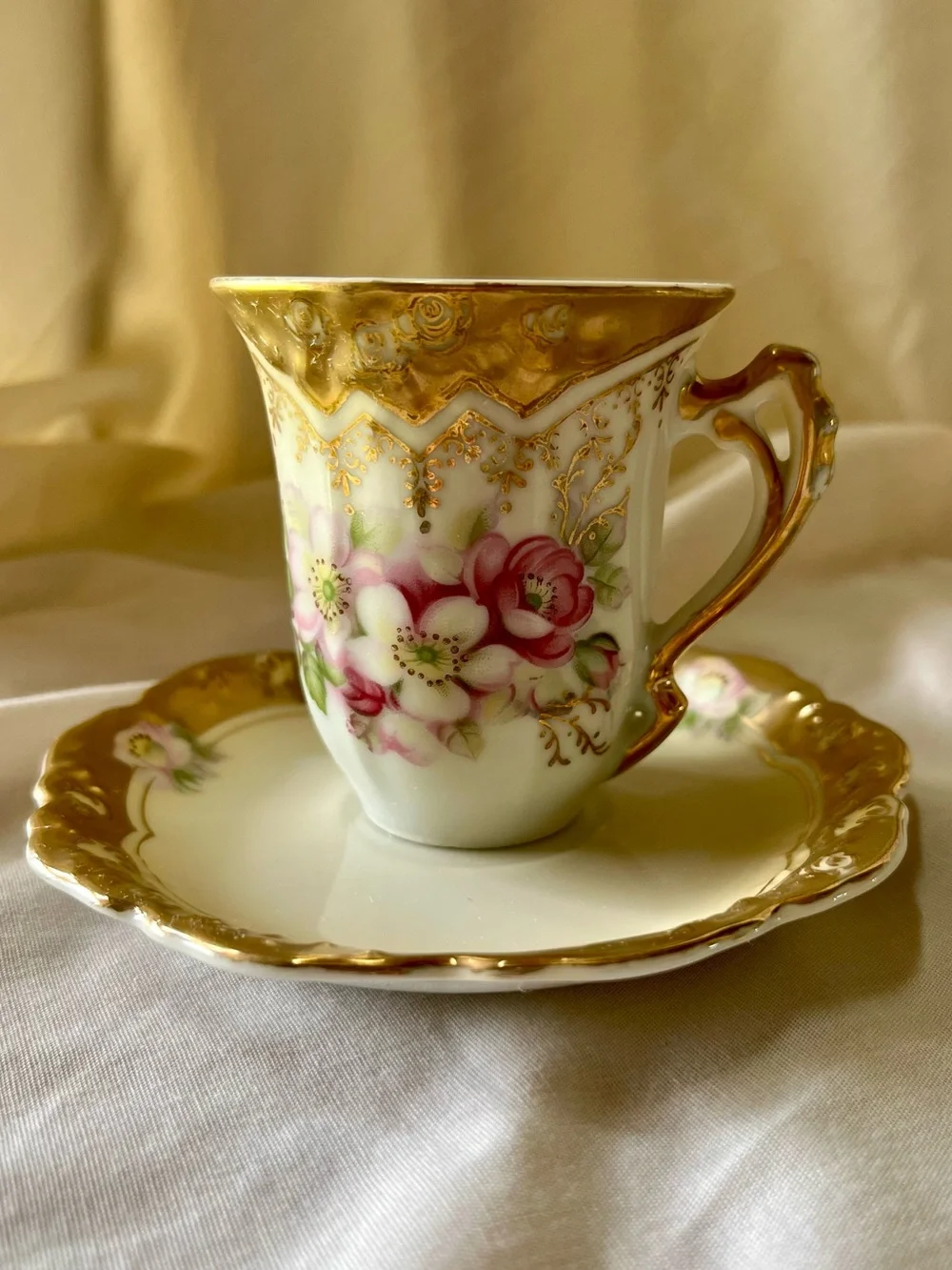 Vintage Victorian Ardco Chocolate Cup Saucer Set Hand Painted Floral Gold Trim
